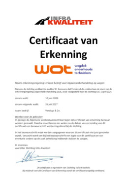 Certificaat Erkend bedrijf voor Oppervlakbehandeling op wegen voor Versluys & Zn., specialist in wegonderhoud, asfaltonderhoud en oppervlakbehandeling van wegen.