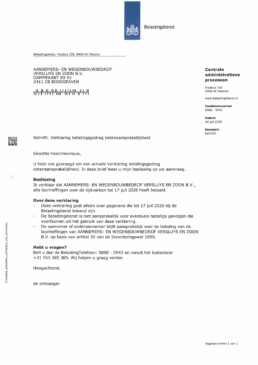 Verklaring betalingsgedrag ketenaansprakelijkheid van de Belastingdienst voor Versluys & Zn., waaruit blijkt dat de loonheffingen tijdig zijn betaald.